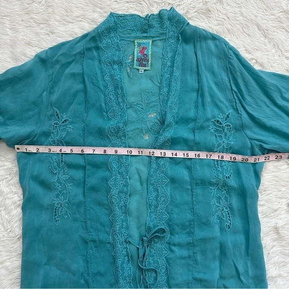 Johnny Was Top Kimono Short Sleeve Tie Front Embroidered Light Blue L - Picture 9 of 11